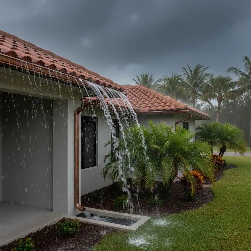image of a South Florida home with heavy rain and well-installed gutters directing water away.