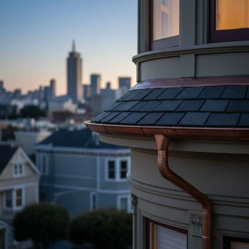 Close-up of a seamless custom gutter on a sloped SF roof