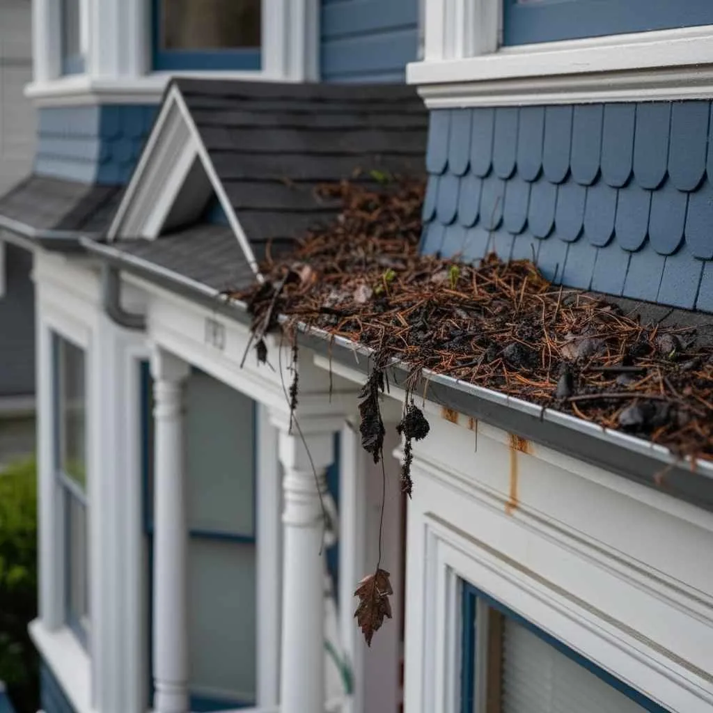 Debris-filled aluminum gutters before professional cleaning