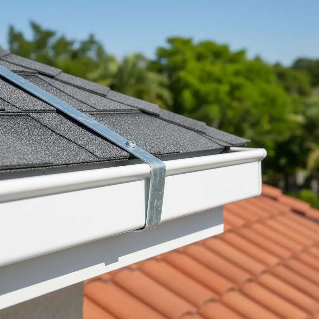 gutter straps secured under roof shingles