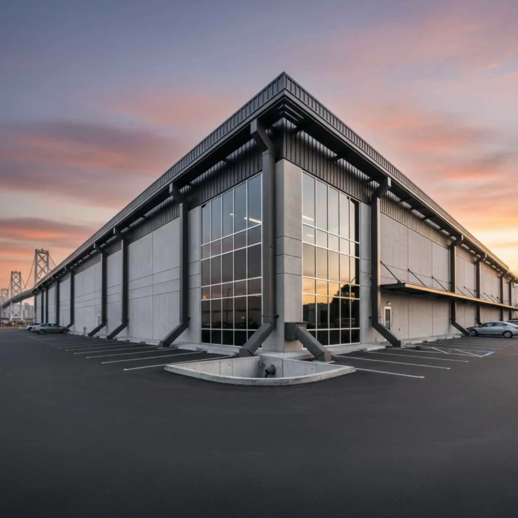 Commercial warehouse with large-capacity gutter system