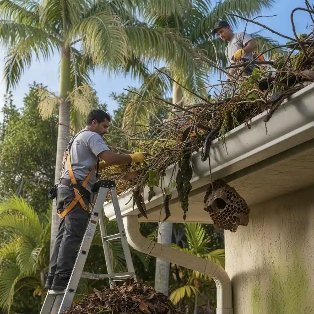 professionals safely cleaning gutters on a South Florida home
