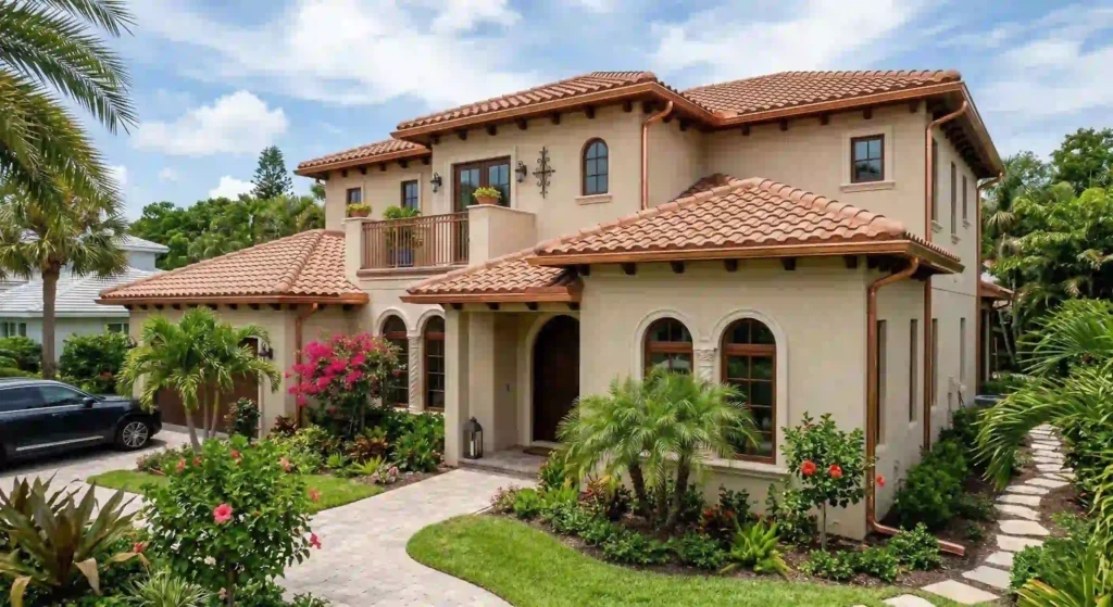 Florida home with copper gutters installed.