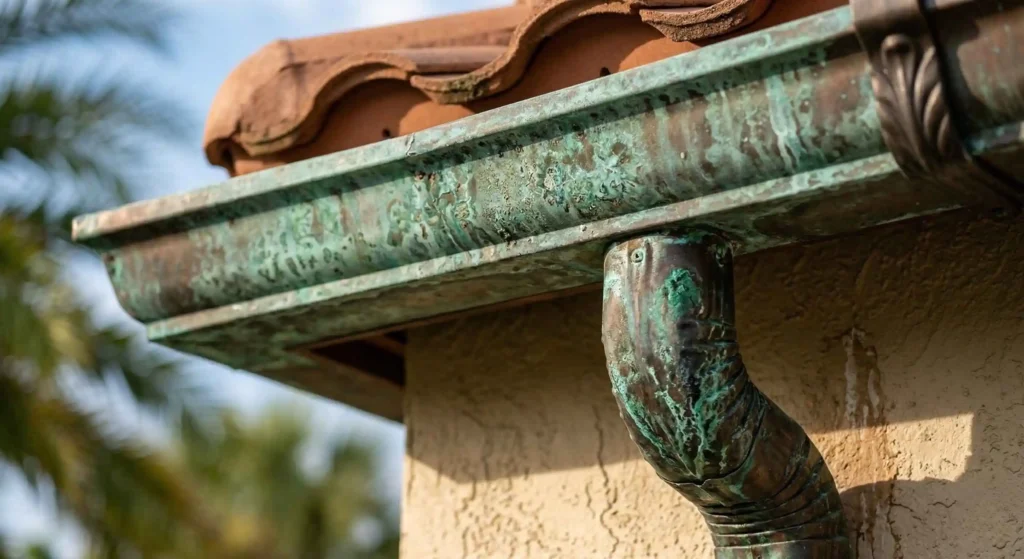 copper gutter patina detail.