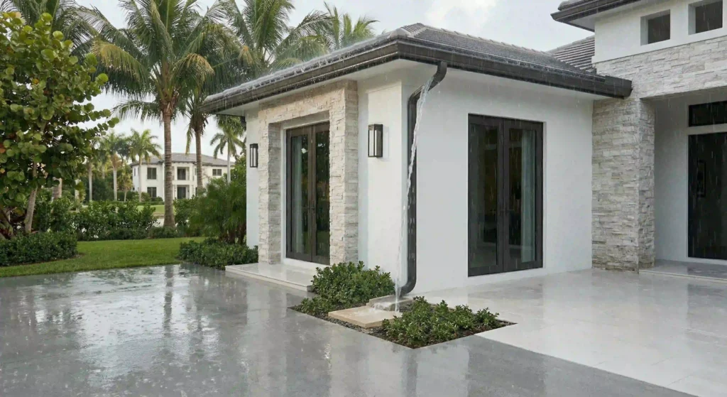 home with new gutters during rainfall