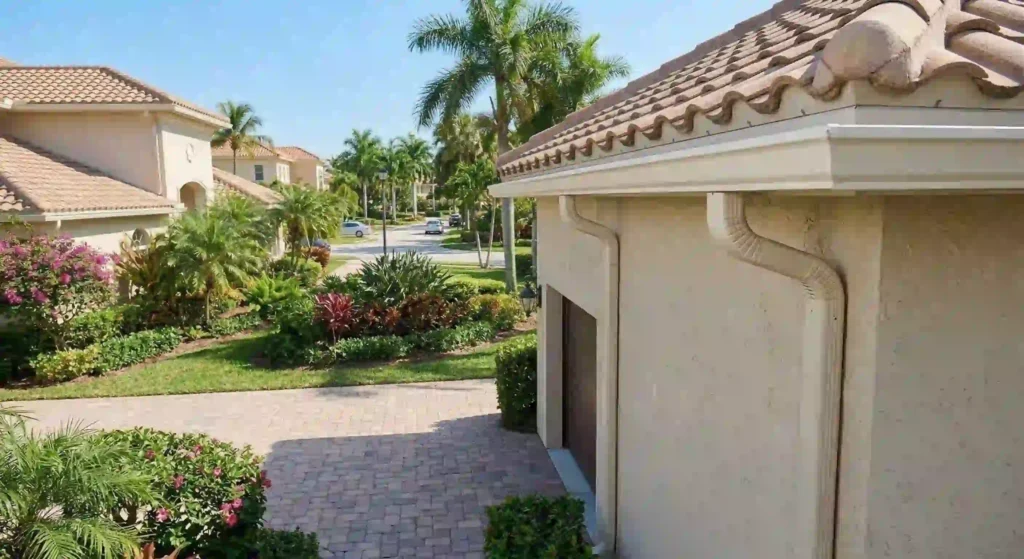 residential gutter system along the roofline of a home.