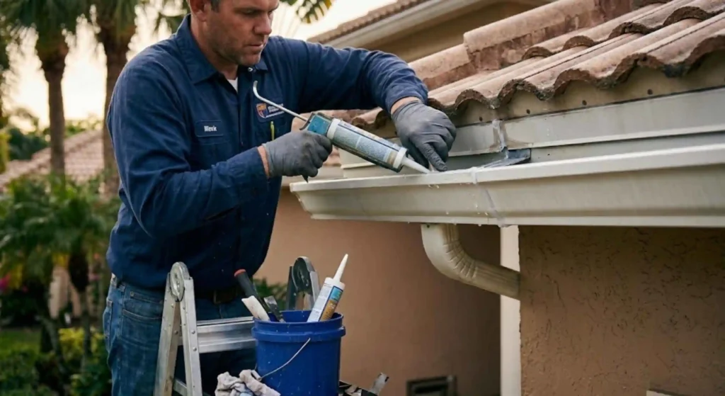 technician repairing gutter joints